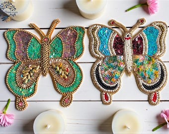 1 Piece- Hand Embroidered Butterfly Patch-Beaded Applique-Embellishment for Sari-Dupatta-Wedding Dress-Boho Skirt-Lahnga-Junk Journal