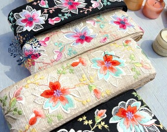 Embroidered Floral Sari Ribbon Trim - Bohemian Art Quilt Border