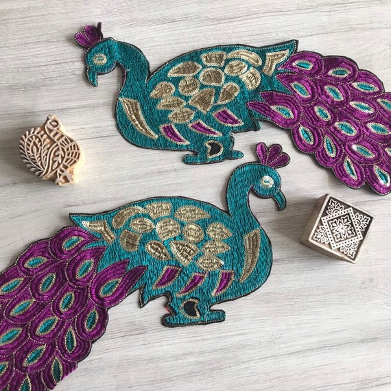 1 piece Peacock Design Hand Embroidered Fabric Applique-Sew-on Beaded Sequins Appliques-Beautify scrap book sewing project-Crazy Quilting
