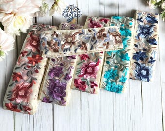 Floral Fabric Trim-Multi Colour Embroidered Sari Border, Sari Fabric-Dupattas,Quilt Silk Ribbon-Indian Fabric-Table Runner-Lehengas