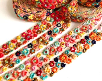 Net Fabric Trim-Multi Colour Embroidered Saree Border trim for Dupattas, Quilt Silk Ribbon-Indian Fabric-Table Runner-Lehengas-Skirts