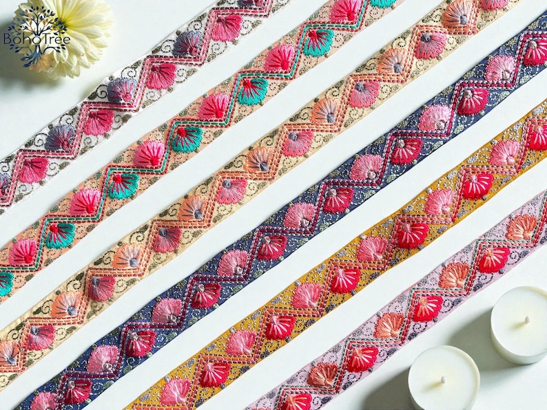 Embroidered Silk Sari Ribbon Trim - Bohemian Fabric Border for Diy crafts , wedding dress, boho skirts, fusion jackets image 3