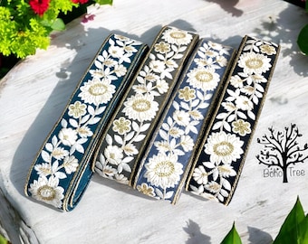 Embroidered Silk Sari Border Trim, Indian Floral Ribbon