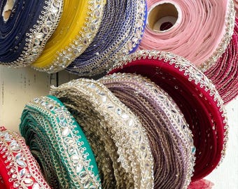 2 cm Perlen Netzband mit Zari Stickerei, 10 Farben, indische Sari Borte Schüttgut für die Schmuckherstellung, Junk Journals, & Boho Crafts