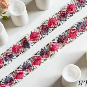 Embroidered Silk Sari Ribbon Trim - Bohemian Fabric Border for Diy crafts , wedding dress, boho skirts, fusion jackets White