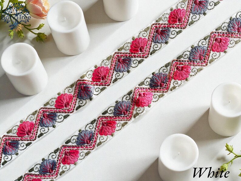 Embroidered Silk Sari Ribbon Trim - Bohemian Fabric Border for Diy crafts , wedding dress, boho skirts, fusion jackets White