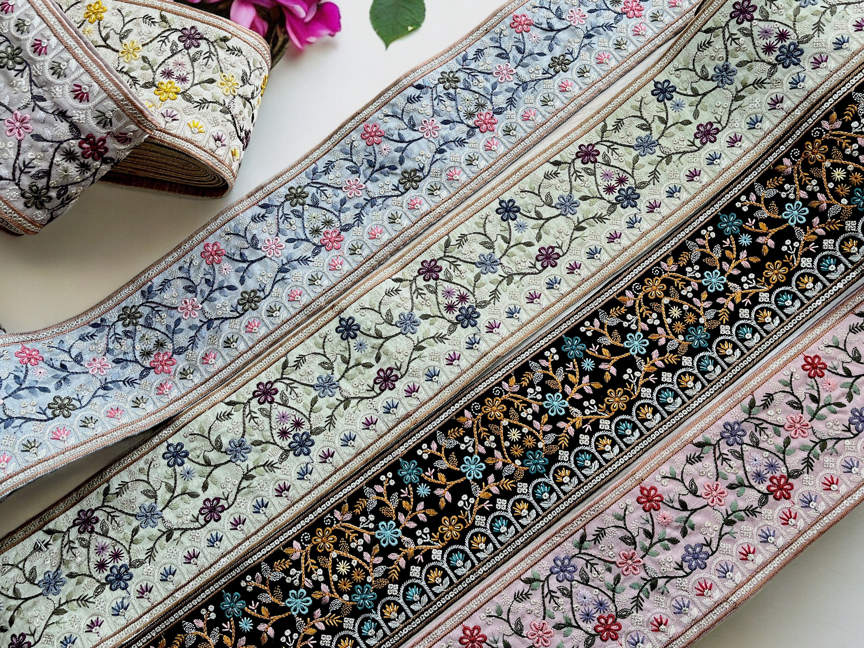 Saree Border Indian Lace Trim By The Yard, embroidered Ribbon Sari Fabric Trim-Table Runner-Art Quilt fabric trim Sari Border Silk Fabric
