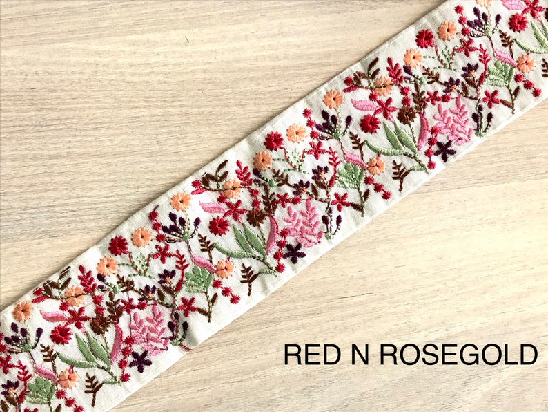 Embroidered Sari Fabric Trim Ribbon for boho clothing, Wedding Dress, Sari Border, Saree Border, Indian Trim By The Yard, Table Runner Red N Rose Gold