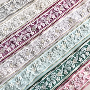 Tessuto a rete Tessuto a rete ricamato Tessuto Sari in pizzo-seta-Dupattas-Trapunta Nastro di seta-Tessuto indiano-Runner da tavolo-Lehengas