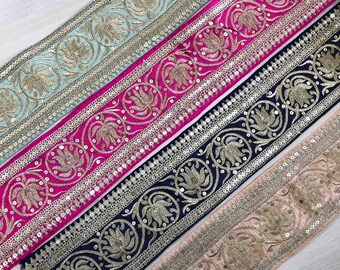 Indian Lace Trim By The Yard, embroidered Ribbon Sari Fabric Trim-Table Runner-Art Quilt fabric trim-Silk Sari Border Trim-Silk Fabric Trim