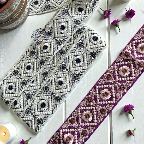Gesticktes indisches Saree Borte Trim-2,2 Zoll Floral Band für DIY Handwerk, Kleider, Journals, Home Decor