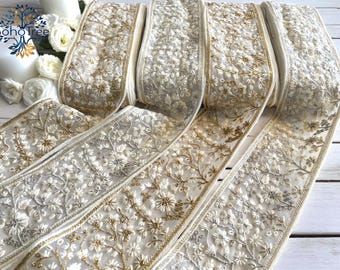 White Embroidered Floral Net Fabric Trim-3.5 Inch Indian Saree Border, By The Yard for DIY Crafts-Clothing-Wedding Dress