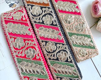 Embroidered Zari Border Lace Trim | 2 Inch Indian Bridal Ribbon | Gold Thread Ethnic Trim | DIY Craft Sewing Lace | Festive Decor Trim