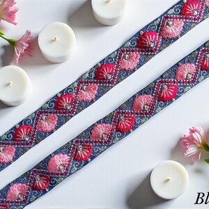 Embroidered Silk Sari Ribbon Trim - Bohemian Fabric Border for Diy crafts , wedding dress, boho skirts, fusion jackets Blue