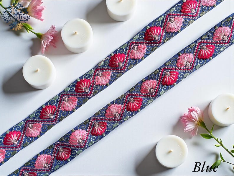 Embroidered Silk Sari Ribbon Trim - Bohemian Fabric Border for Diy crafts , wedding dress, boho skirts, fusion jackets Blue