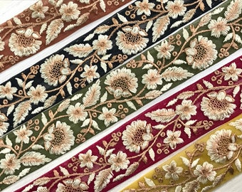 Tessuto a rete floreale Trim-Multi Colore Ricamato Sari Border-Silk Sari Fabric-Dupattas,Quilt Silk Ribbon-Indian Fabric-Table Runner-Lehengas