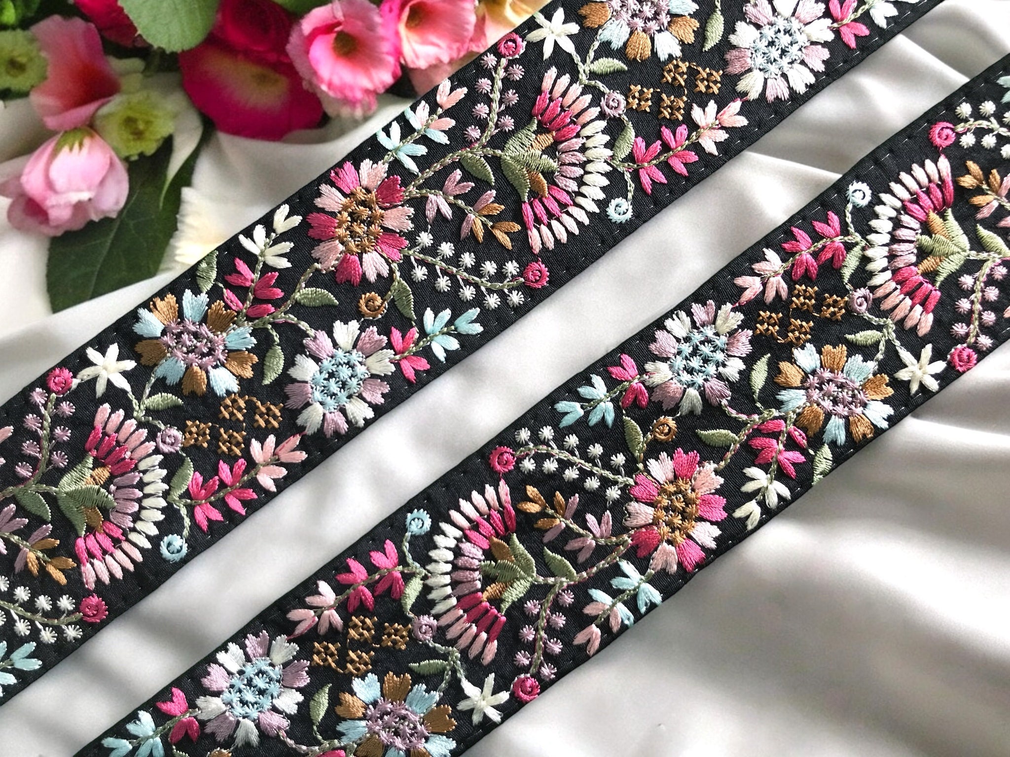 Sari Fabric Trim-Multi Colour Embroidered Saree Border for Dupattas, Art Quilt Ribbon, boho junk journals, Indian Fabric-Table Runner