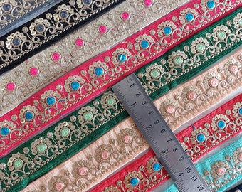 Sari fabric Indian trim, Sari Silk Fabric Trim-Embroidered Trim, Sari Border, Lehenga Fabric, Dupattas, Art Quilts Silk Ribbon, Table Runner