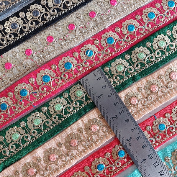 Sari fabric Indian trim, Sari Silk Fabric Trim-Embroidered Trim, Sari Border, Lehenga Fabric, Dupattas, Art Quilts Silk Ribbon, Table Runner