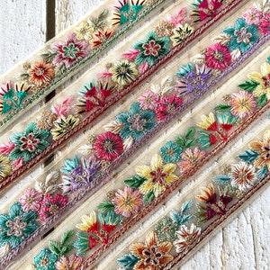 Tecido de rede bordado com acabamento em renda e tecido floral, vestido de noiva, borda de sari, tecido de sari, colcha de arte, acabamento indiano por metro, caminho de mesa