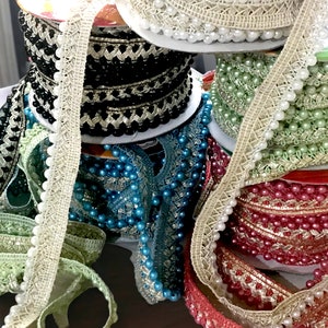 Acabamento de renda indiana com miçangas por metro, decoração de feriado, acabamento de tecido de sari de fita, acabamento de borda de sari, caminho de mesa, acabamento de saia boho