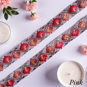 Embroidered Silk Sari Ribbon Trim - Bohemian Fabric Border for Diy crafts , wedding dress, boho skirts, fusion jackets Pink