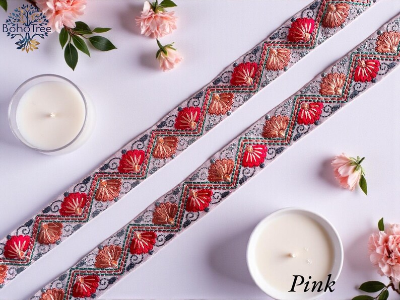 Embroidered Silk Sari Ribbon Trim - Bohemian Fabric Border for Diy crafts , wedding dress, boho skirts, fusion jackets Pink