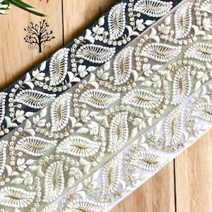 Netstof-geborduurde stof kant-zijde sari veters, boho stijl gouden kant, geborduurde versieringen, bloemenrand Trim op maat gesneden
