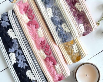 Floral Embroidered Lace Trim by Yard, Net Lace Border, Bridal Sewing Trim, Pink Purple Gray Lace, DIY Dress Dupatta Blouse Lace