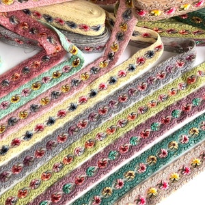 Net Fabric Embroidered Indian Lace-Multi Colour - Sequins Embroidered Saree Border for boho junk journals, Table Runner