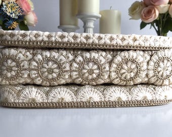 White Organza Fabric Embroidered Cut Work Lace- for Dupatta-Table Runner-Lehenga-Wedding Dress-Boho Skirts