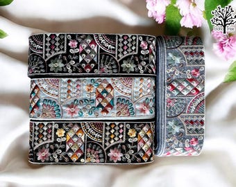 Ruwe zijde geborduurde stofversiering - meerkleurige geborduurde sari-randafwerking voor Dupatta-geborduurde stof - Kanten tafelloper-Lehenga's