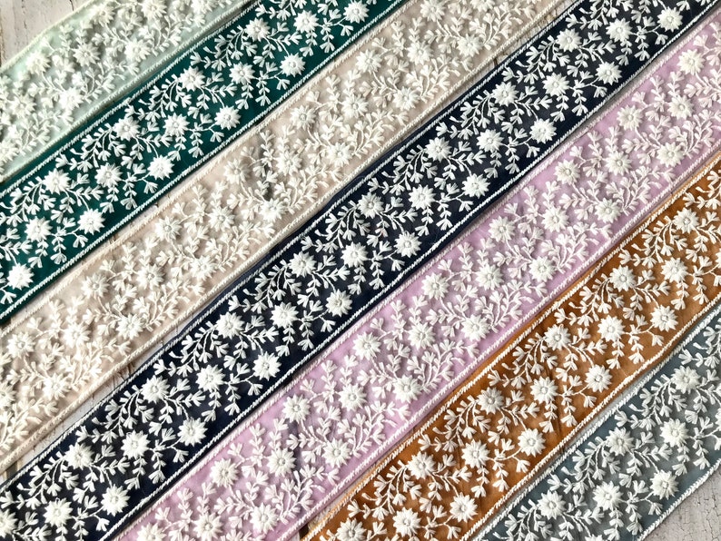 Embroidered Net Fabric Lace-Floral Fabric Trim, Wedding Dress, Sari Border, Saree Fabric, Art Quilt, Indian Trim By The Yard, Table Runner image 1