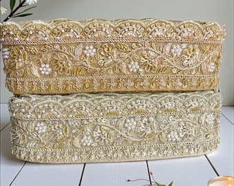 Perlen Netzstoff mit Zari gestickt-3-Zoll-Sari-Bordüre für DIY Crafts-Boho Röcke-Hochzeitskleid