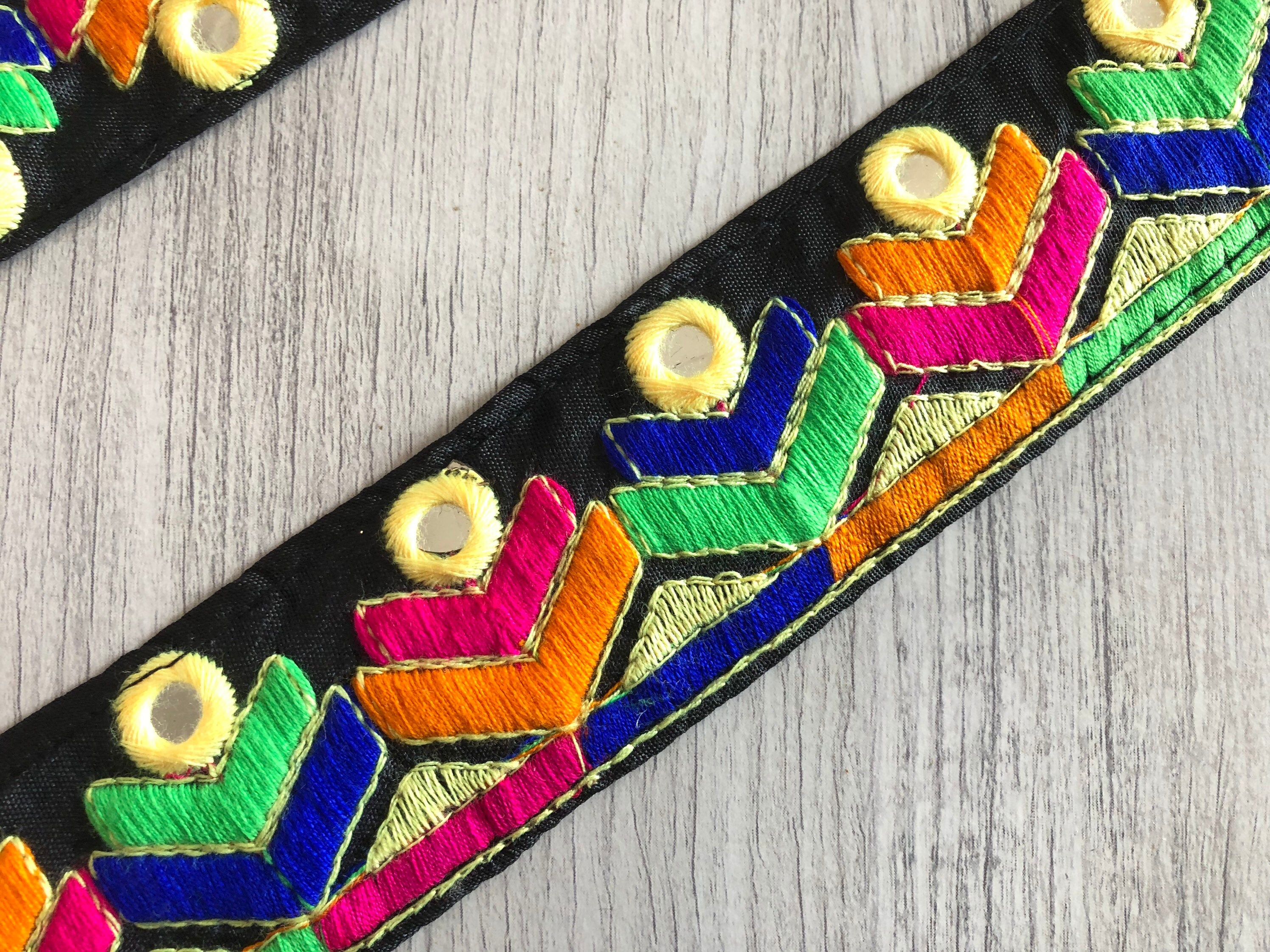 1 Yard Black Silk Fabric TrimEmbroidered MultiColor Floral Etsy