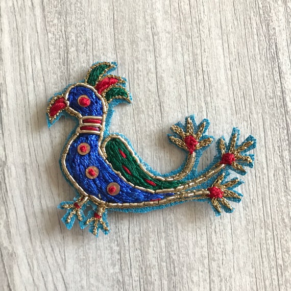 1 piece Peacock Design Hand Embroidered Fabric Applique-Sew-on Beaded Sequins Appliques-Beautify scrap book sewing project-Crazy Quilting