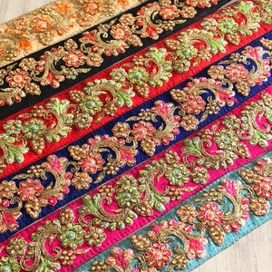 Veelkleurige Boho stof trim-Art quilt tafelloper-geborduurde zijden Sari lint rand-zijde Sari stof-India stof trim op maat gesneden