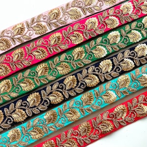 Bordure en sari brodée de feuilles dorées, bordure en sari en soie, ruban de dupattas, tissu indien, lehengas de mariage