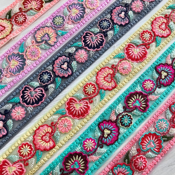 Net fabric Indian trim, Sari Fabric Trim-Embroidered Trim, Sari Border, Lehenga Fabric, Dupattas, Art Quilts Silk Ribbon, Table Runner