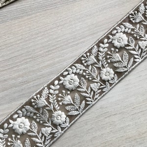 Sari Fabric Trim, White Thread Embroidered Saree Border for boho junk journals, Table Runner, Indian Textiles Fabrics Brown