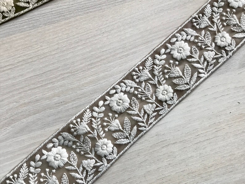 Sari Fabric Trim, White Thread Embroidered Saree Border for boho junk journals, Table Runner, Indian Textiles Fabrics Brown