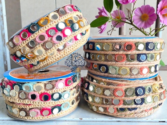 Multicolor Mirror Work Lace Trim | Crochet Indian Border for DIY Sewing-Blouse Saree Crafts-Jackets