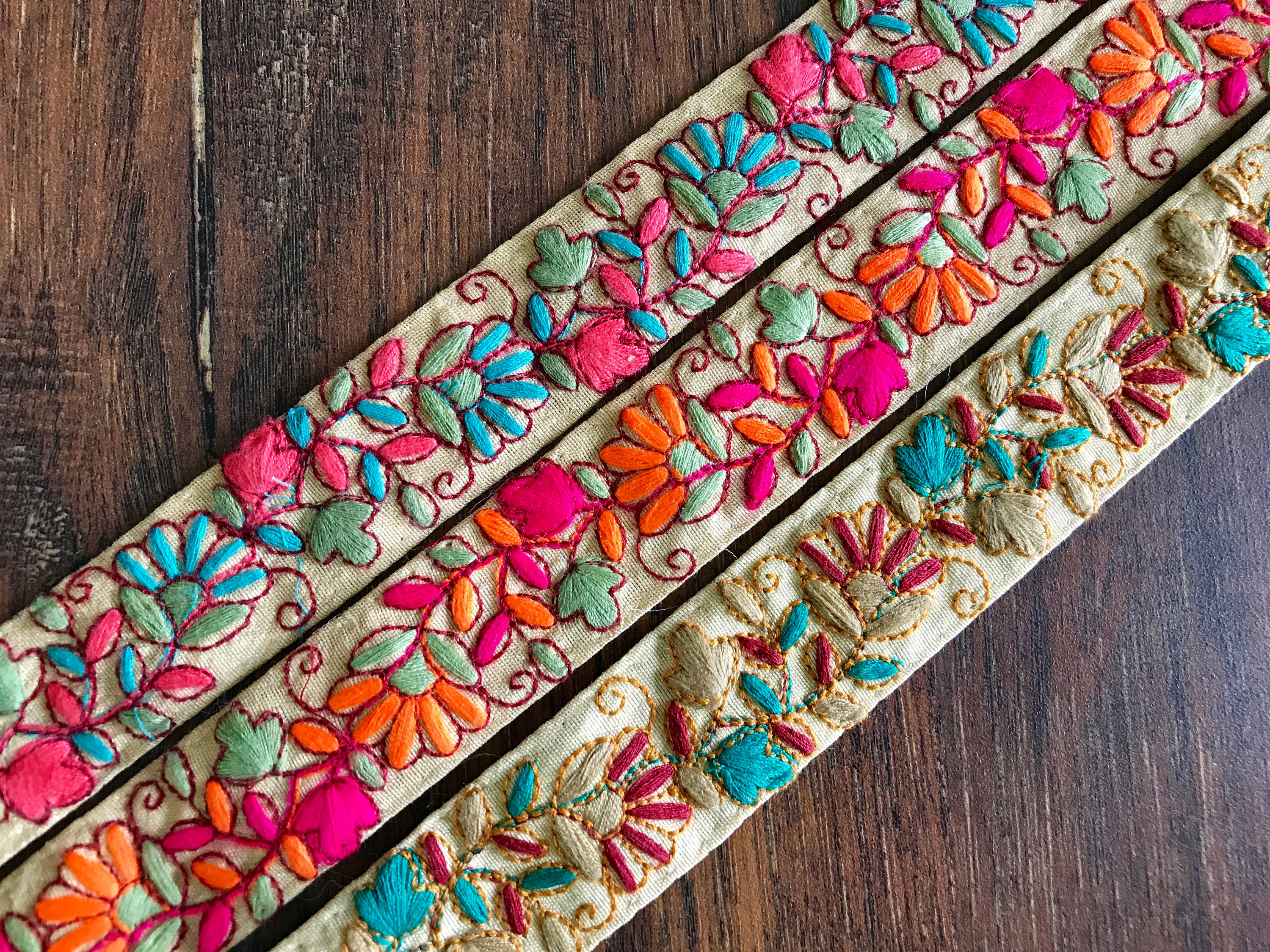 Papercraft Floral Net Fabric TrimMulti Colour Embroidered Sari Border