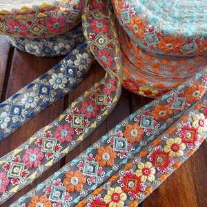 Guarnição de tecido sari de rede, borda saree bordada multicolorida para diários boho, colchas, corredor de mesa, tecidos têxteis indianos