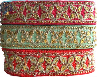 Embroidered Floral Saree Border, Rhinestone Indian Fabric Trim, Boho Style