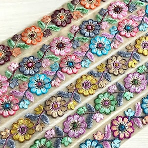 Sari Fabric Trim, Multi Colour Embroidered Saree Border for boho junk journals, Wedding Dress, denim jackets, home decor embellishments