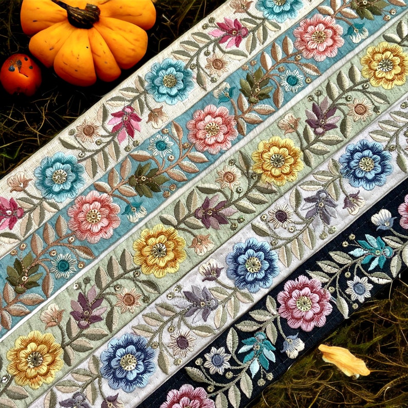 Sari Fabric Embroidered Trim, Embellishments for Boho Junk Journal, Holiday Home Decor, Boho Wedding Dress, Indian Fabric, Table Runner image 1