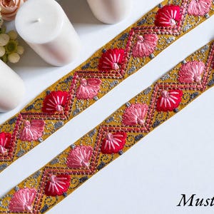 Embroidered Silk Sari Ribbon Trim - Bohemian Fabric Border for Diy crafts , wedding dress, boho skirts, fusion jackets Mustrd