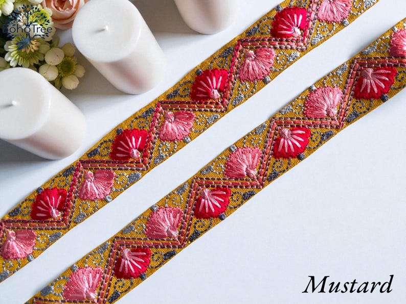 Embroidered Silk Sari Ribbon Trim - Bohemian Fabric Border for Diy crafts , wedding dress, boho skirts, fusion jackets Mustrd