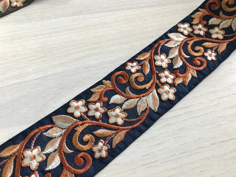 Silk Fabric Trim-Multi Colour Embroidered Sari Border-Silk Sari Fabric-Dupattas,Quilt Silk Ribbon-Indian Fabric-Table Runner-Lehengas Navy